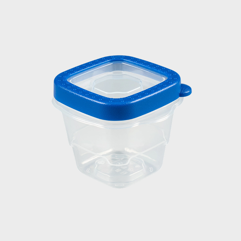 PFB023 118 ml (4 unce) miniaturní čtvercová PP nádoba na konzervaci potravin, sada 4 balení s modrými přelisovanými víčky